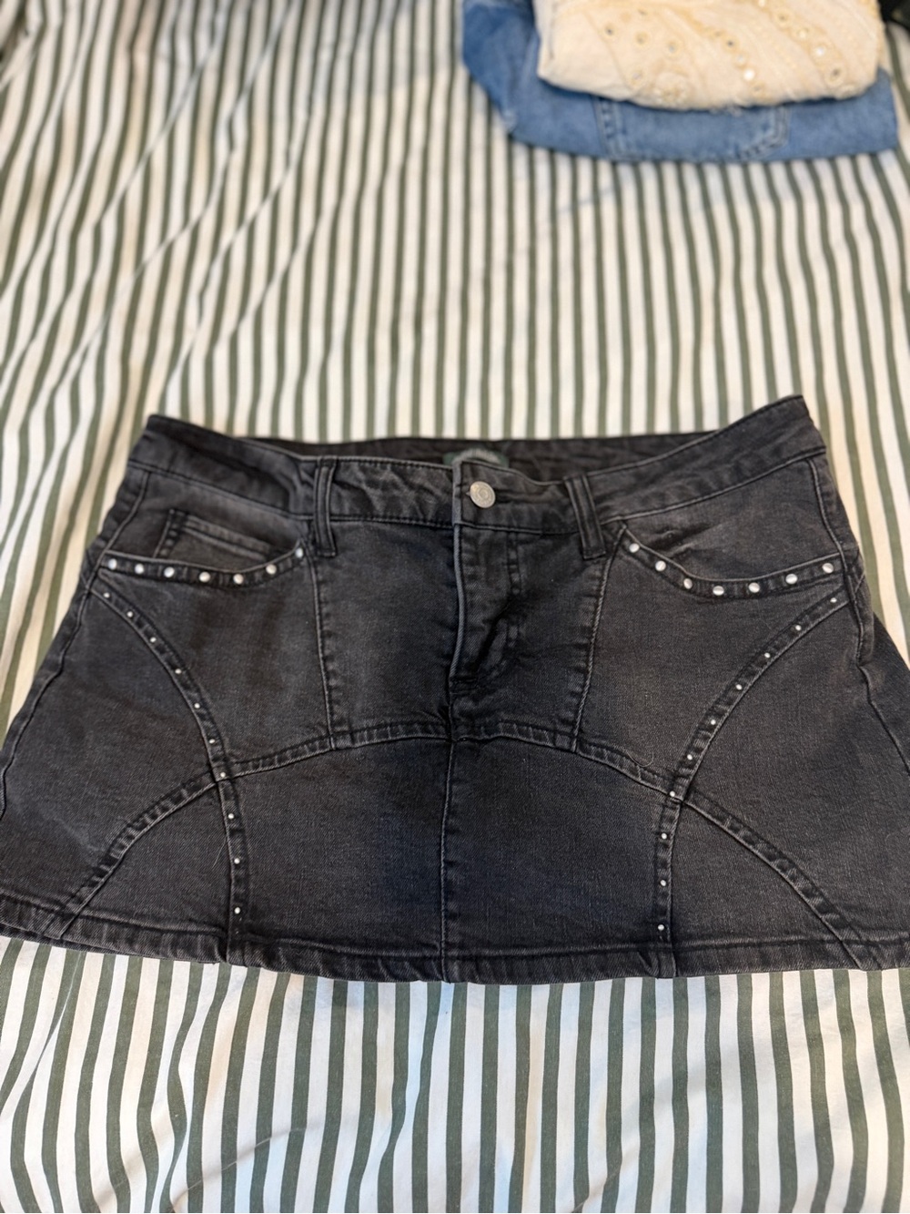 Black Studded Denim Mini Skort